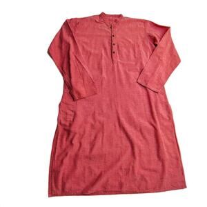 Pure Linen Womens Dress Large Tunic Kurta Long Sleeve Pocket Buttoned Collar